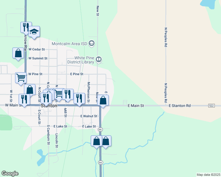 map of restaurants, bars, coffee shops, grocery stores, and more near 200 East 1st Street in Stanton