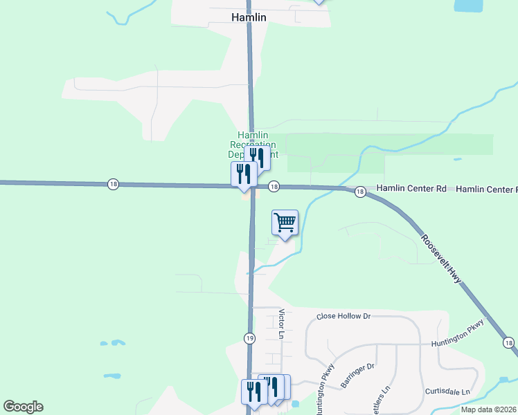 map of restaurants, bars, coffee shops, grocery stores, and more near 1736 Lake Road North in Hamlin