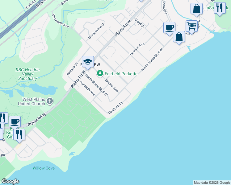 map of restaurants, bars, coffee shops, grocery stores, and more near 383 North Shore Boulevard West in Burlington