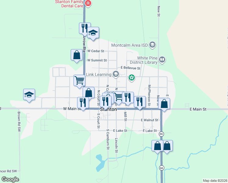 map of restaurants, bars, coffee shops, grocery stores, and more near 220 North Lincoln Street in Stanton