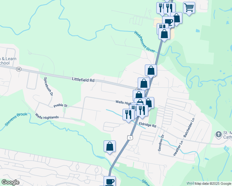 map of restaurants, bars, coffee shops, grocery stores, and more near 23 Hershey Lane in Wells
