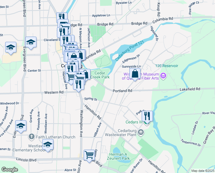 map of restaurants, bars, coffee shops, grocery stores, and more near N51W5838 Portland Road in Cedarburg