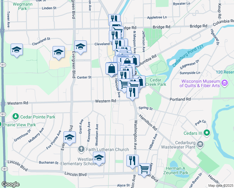 map of restaurants, bars, coffee shops, grocery stores, and more near W63N517 Hanover Avenue in Cedarburg