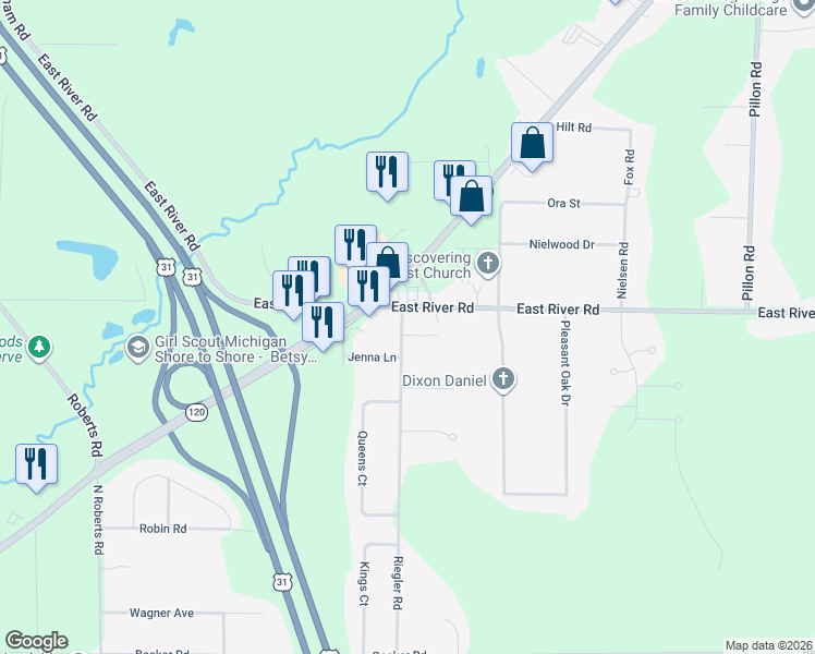 map of restaurants, bars, coffee shops, grocery stores, and more near 1719 East River Road in Muskegon