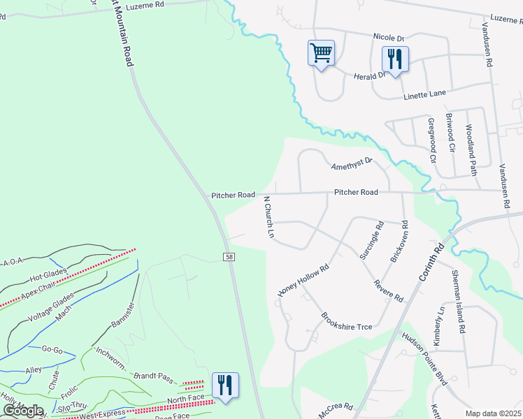 map of restaurants, bars, coffee shops, grocery stores, and more near 10 North Church Lane in Queensbury
