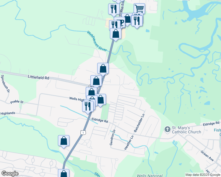 map of restaurants, bars, coffee shops, grocery stores, and more near 733 Post Road in Wells