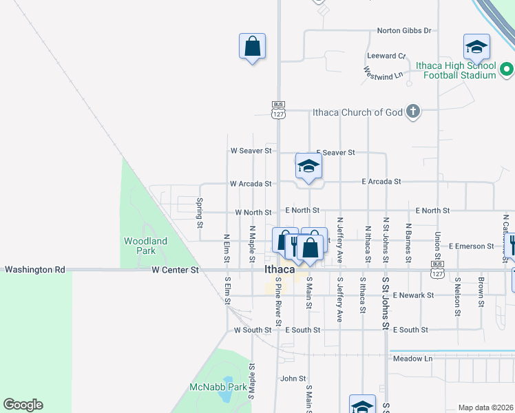 map of restaurants, bars, coffee shops, grocery stores, and more near 128 West North Street in Ithaca
