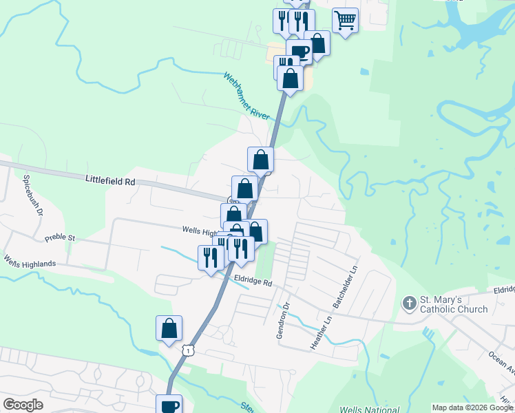 map of restaurants, bars, coffee shops, grocery stores, and more near 719 Post Road in Wells
