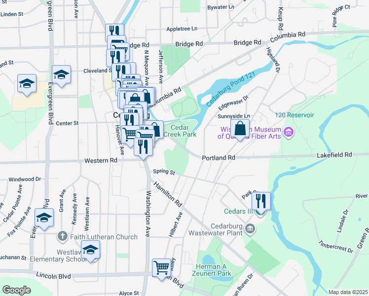 map of restaurants, bars, coffee shops, grocery stores, and more near County Highway T in Cedarburg