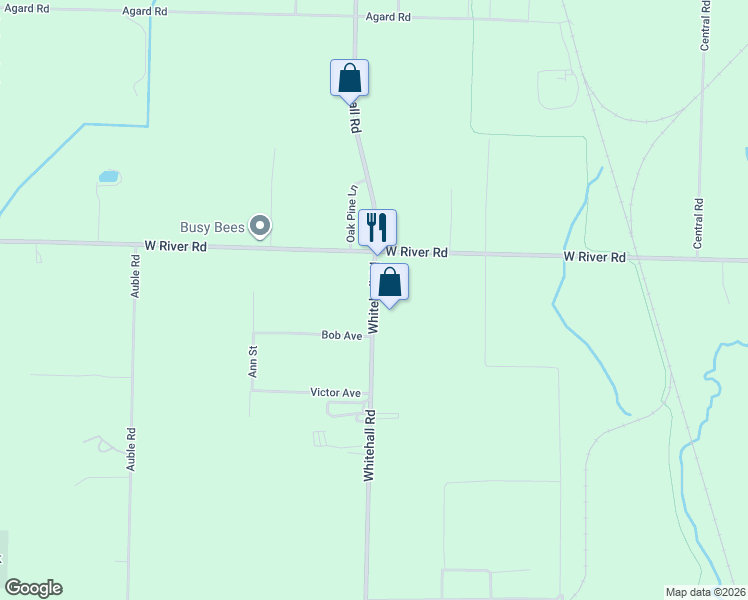map of restaurants, bars, coffee shops, grocery stores, and more near 2127 Whitehall Road in Muskegon