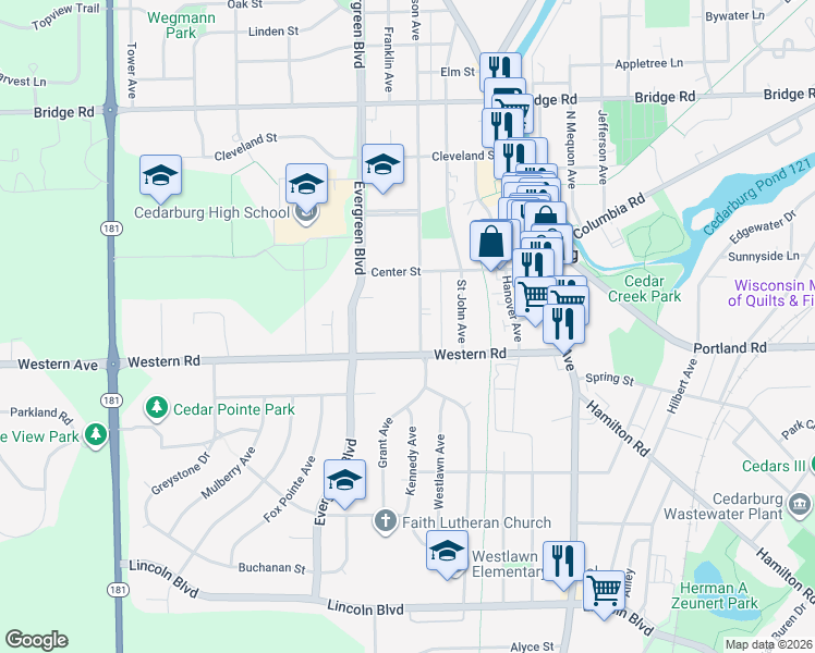 map of restaurants, bars, coffee shops, grocery stores, and more near W66N521 Madison Avenue in West Bend