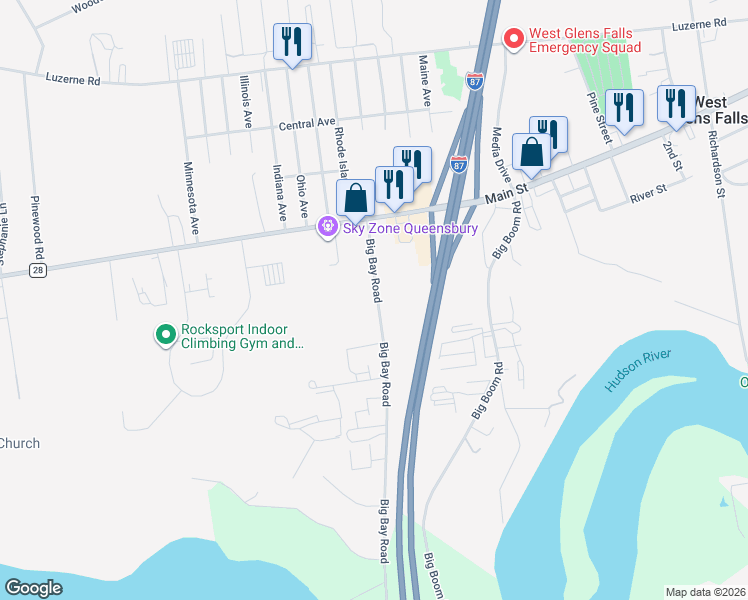map of restaurants, bars, coffee shops, grocery stores, and more near 455 Big Bay Road in West Glens Falls