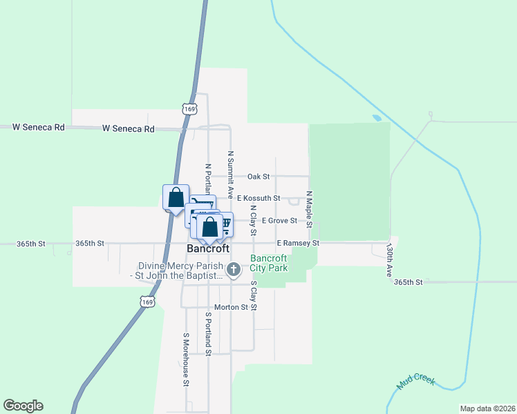 map of restaurants, bars, coffee shops, grocery stores, and more near 208 North Clay Street in Bancroft
