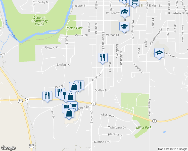map of restaurants, bars, coffee shops, grocery stores, and more near 911 S Mill St in Decorah