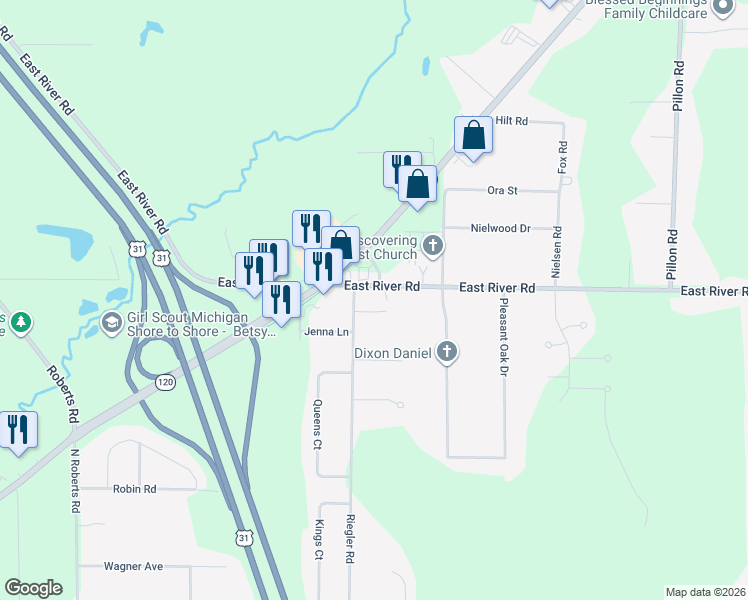 map of restaurants, bars, coffee shops, grocery stores, and more near 1719 East River Road in Muskegon charter Township