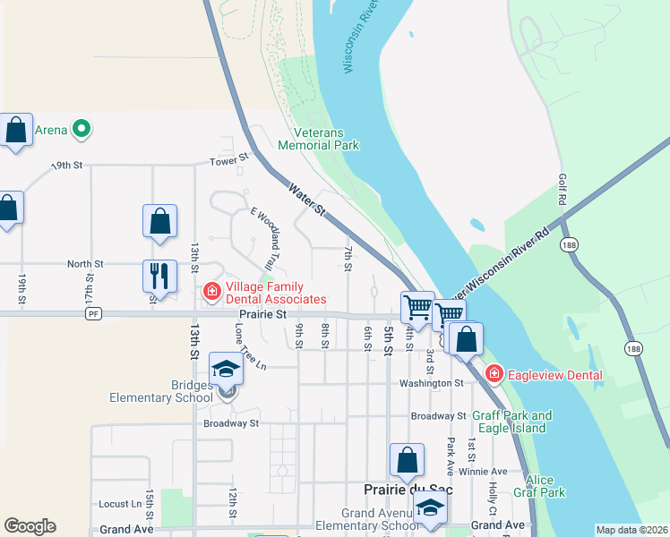 map of restaurants, bars, coffee shops, grocery stores, and more near 753 7th Street in Prairie du Sac