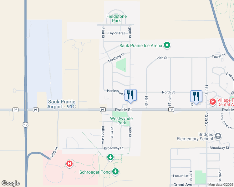 map of restaurants, bars, coffee shops, grocery stores, and more near 2017 Hanksfield Pl in Prairie du Sac