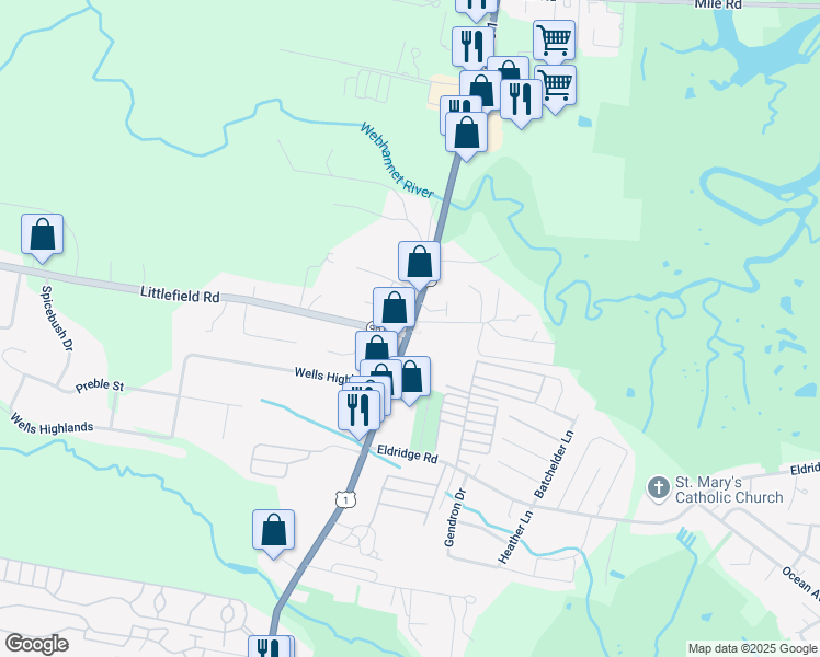 map of restaurants, bars, coffee shops, grocery stores, and more near 733 Post Road in Wells