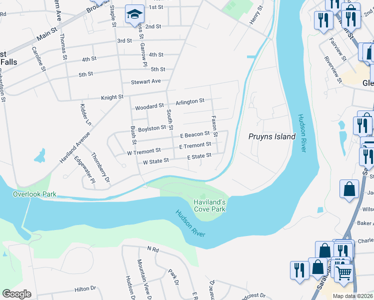 map of restaurants, bars, coffee shops, grocery stores, and more near 16 East State Street in Glens Falls