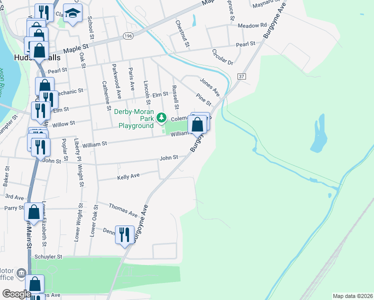 map of restaurants, bars, coffee shops, grocery stores, and more near 2337 Burgoyne Ave in Hudson Falls