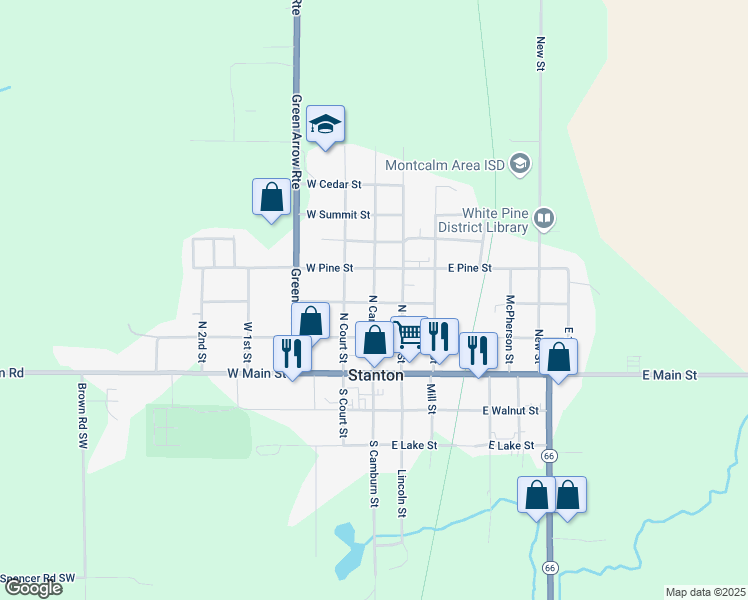 map of restaurants, bars, coffee shops, grocery stores, and more near 306 North Camburn Street in Stanton