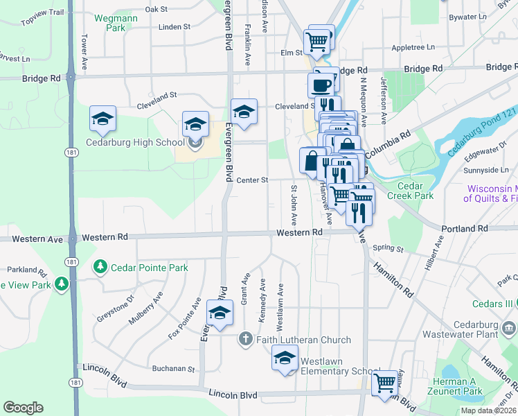map of restaurants, bars, coffee shops, grocery stores, and more near W66N521 Madison Avenue in West Bend