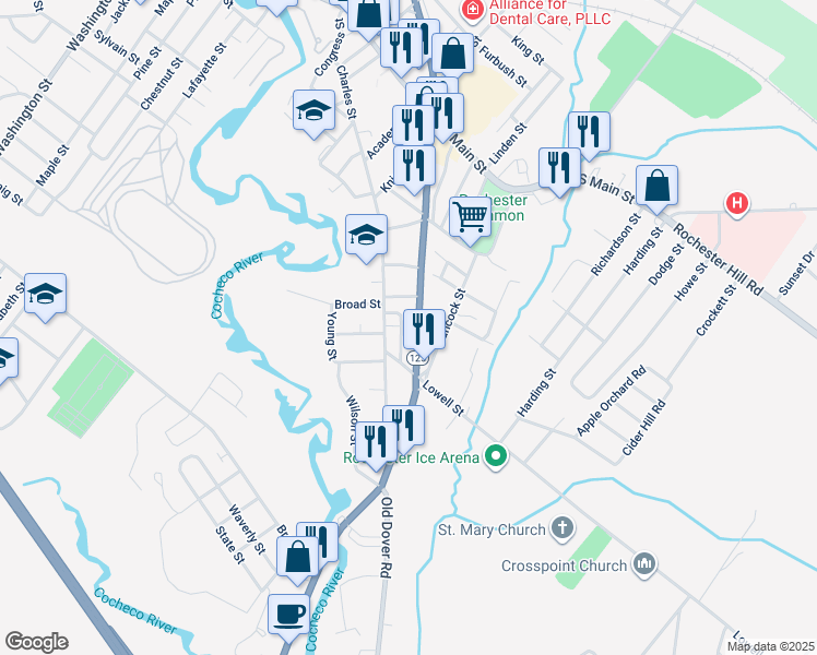 map of restaurants, bars, coffee shops, grocery stores, and more near 122 Charles Street in Rochester