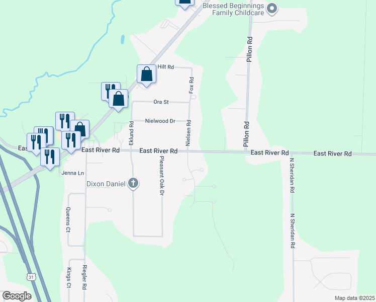 map of restaurants, bars, coffee shops, grocery stores, and more near 2051 East River Road in Muskegon