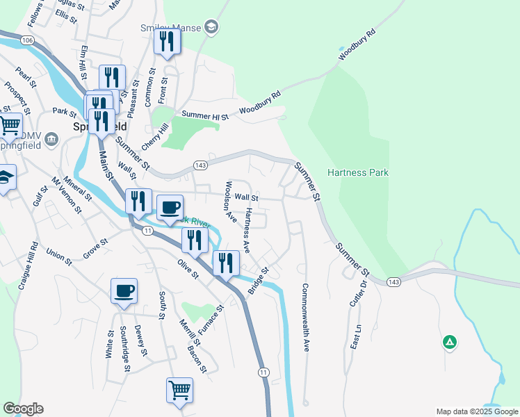 map of restaurants, bars, coffee shops, grocery stores, and more near 32 Hartness Avenue in Springfield