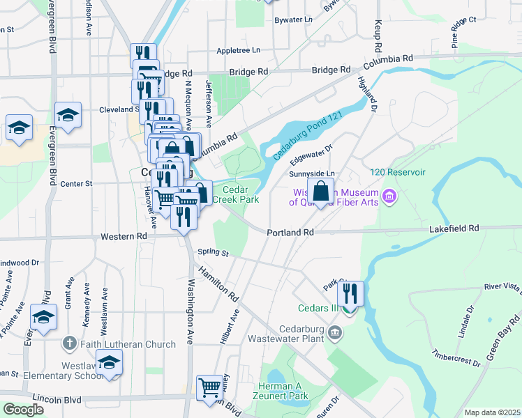 map of restaurants, bars, coffee shops, grocery stores, and more near N51W5838 Portland Road in Cedarburg