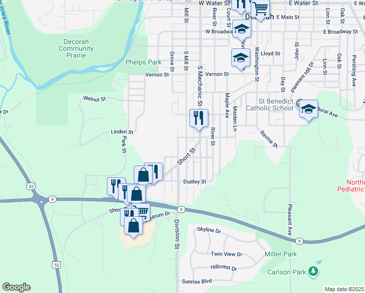 map of restaurants, bars, coffee shops, grocery stores, and more near 911 South Mill Street in Decorah