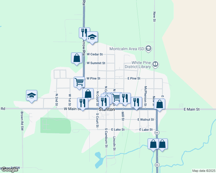 map of restaurants, bars, coffee shops, grocery stores, and more near 306 North Camburn Street in Stanton