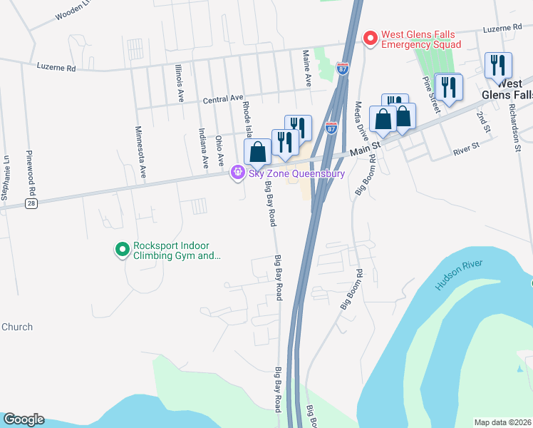 map of restaurants, bars, coffee shops, grocery stores, and more near 455 Big Bay Road in Queensbury