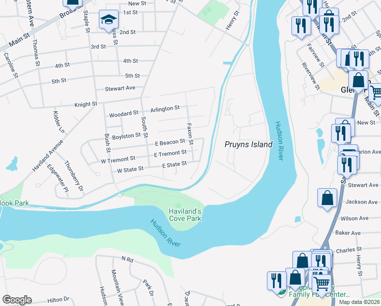 map of restaurants, bars, coffee shops, grocery stores, and more near 37 East Tremont Street in Glens Falls