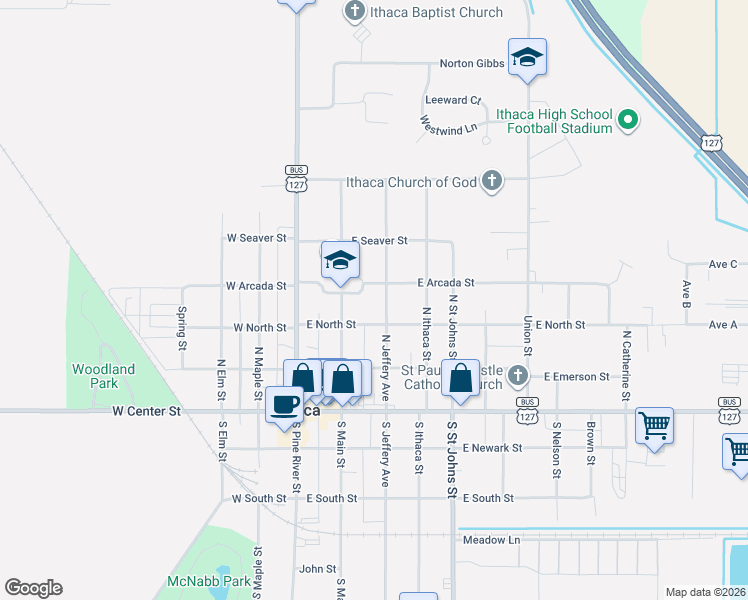 map of restaurants, bars, coffee shops, grocery stores, and more near 223 East North Street in Ithaca
