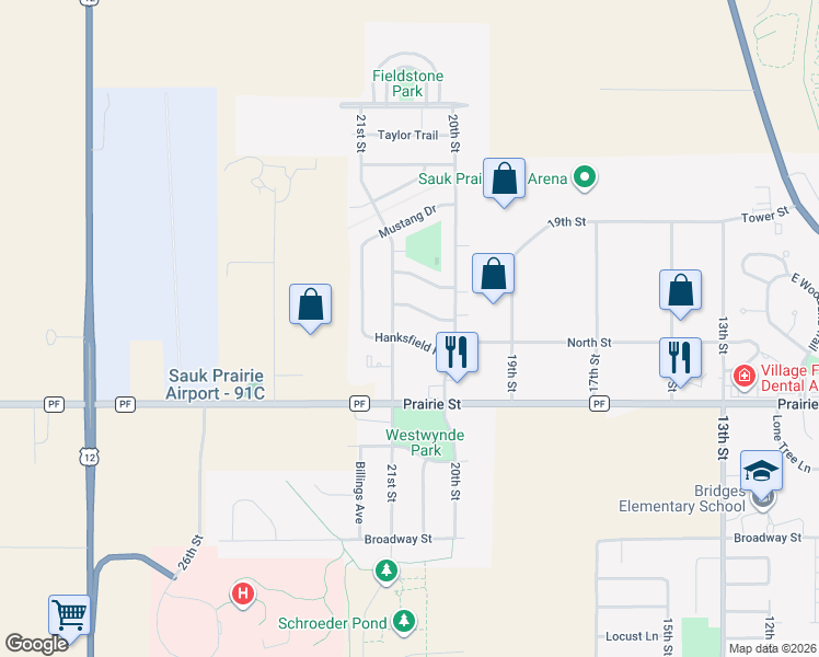 map of restaurants, bars, coffee shops, grocery stores, and more near 2017 Hanksfield Place in Prairie du Sac