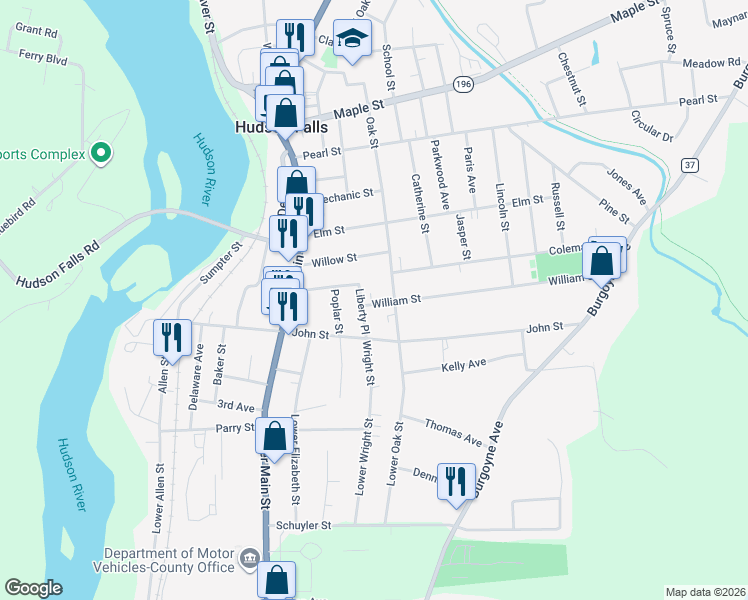 map of restaurants, bars, coffee shops, grocery stores, and more near 1 William Street in Hudson Falls