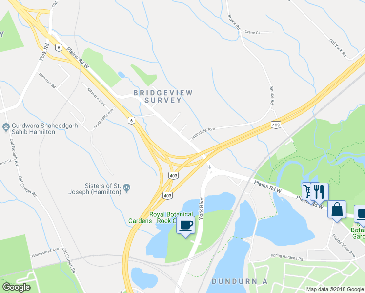 map of restaurants, bars, coffee shops, grocery stores, and more near 1376 Plains Road West in Burlington