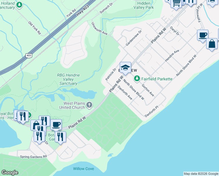 map of restaurants, bars, coffee shops, grocery stores, and more near 457 Plains Road West in Burlington