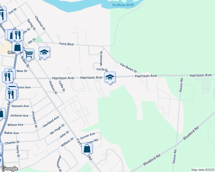 map of restaurants, bars, coffee shops, grocery stores, and more near 76 Harrison Avenue in South Glens Falls