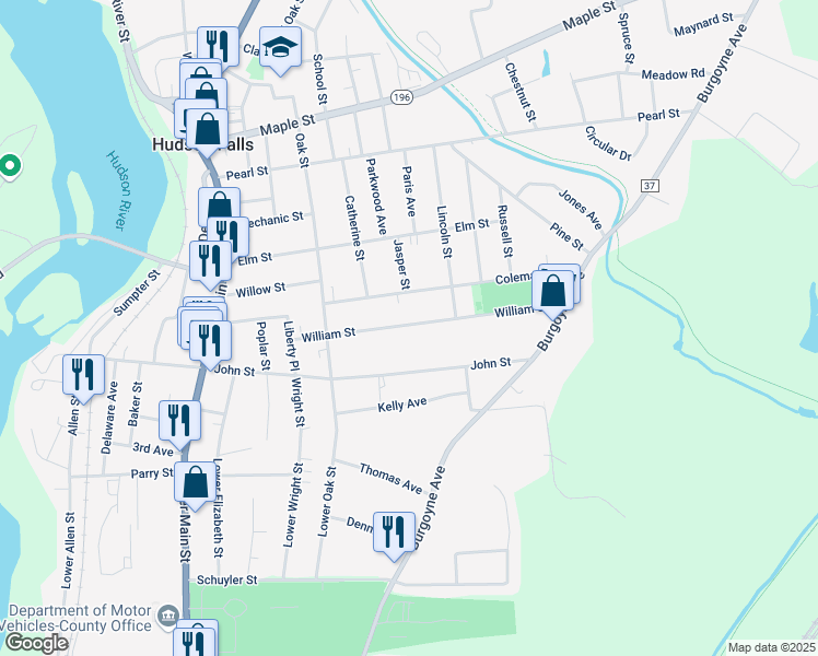 map of restaurants, bars, coffee shops, grocery stores, and more near 74 William Street in Hudson Falls