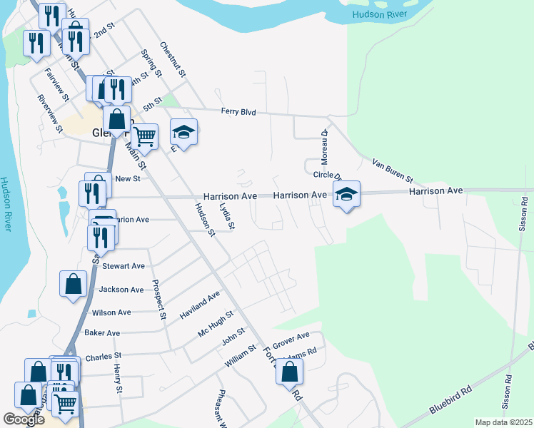map of restaurants, bars, coffee shops, grocery stores, and more near 50 Harrison Avenue in South Glens Falls
