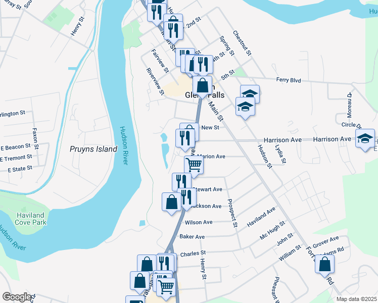 map of restaurants, bars, coffee shops, grocery stores, and more near 46 Saratoga Avenue in South Glens Falls