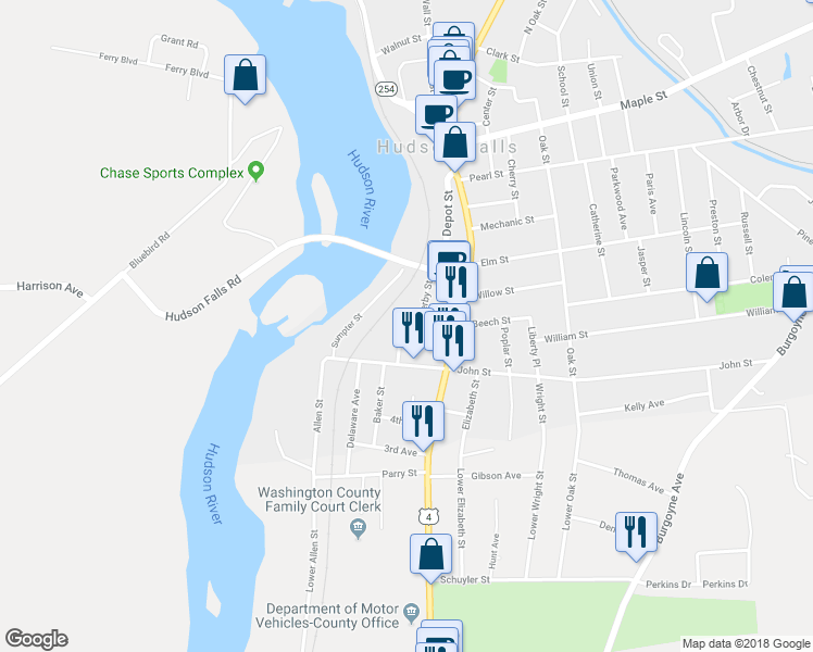 map of restaurants, bars, coffee shops, grocery stores, and more near 16 Mosher Hill Street in Hudson Falls
