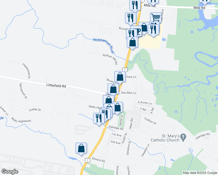 map of restaurants, bars, coffee shops, grocery stores, and more near 26 Brown Lane in Wells