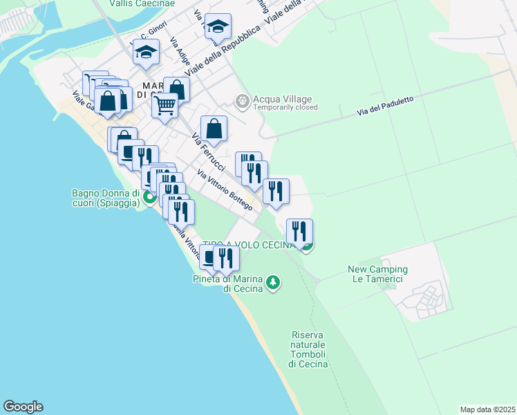 map of restaurants, bars, coffee shops, grocery stores, and more near 136 Via Francesco Ferrucci in Cecina
