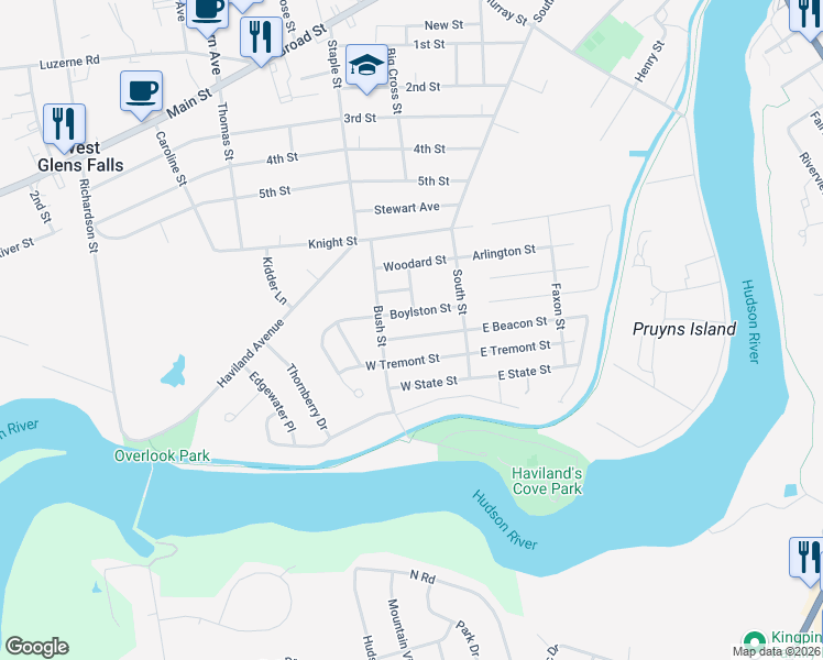 map of restaurants, bars, coffee shops, grocery stores, and more near 14 Boylston Street in Glens Falls