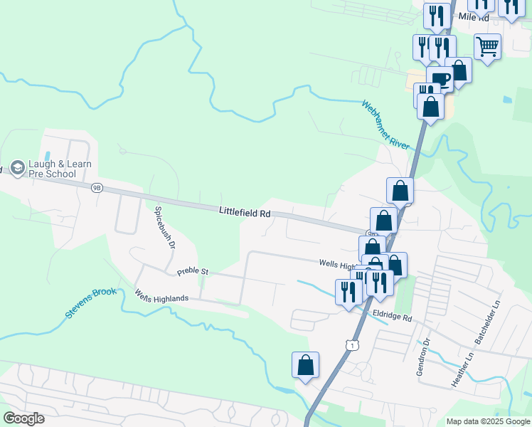 map of restaurants, bars, coffee shops, grocery stores, and more near 371 Littlefield Road in Wells