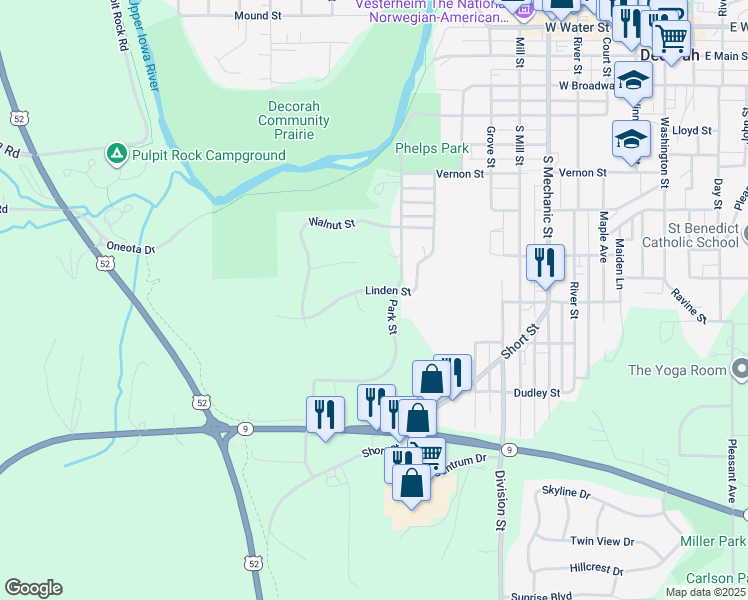 map of restaurants, bars, coffee shops, grocery stores, and more near 1007 Linden St in Decorah
