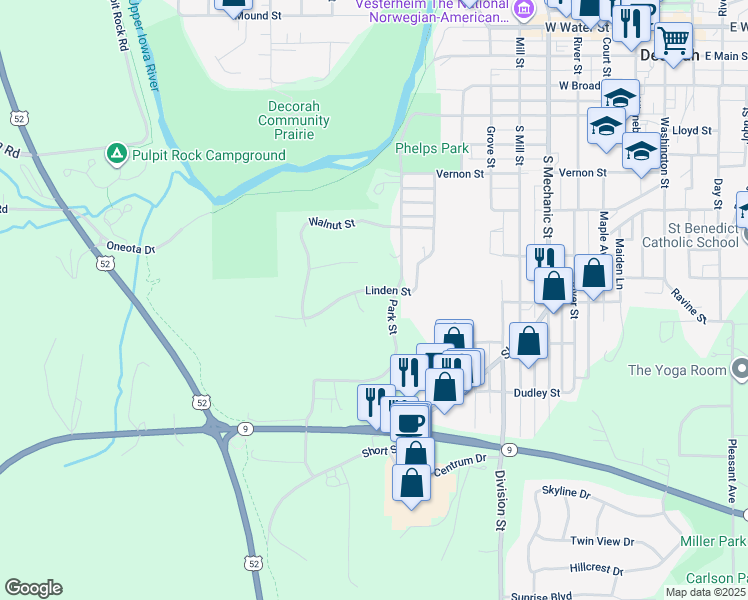 map of restaurants, bars, coffee shops, grocery stores, and more near 1007 Linden St in Decorah